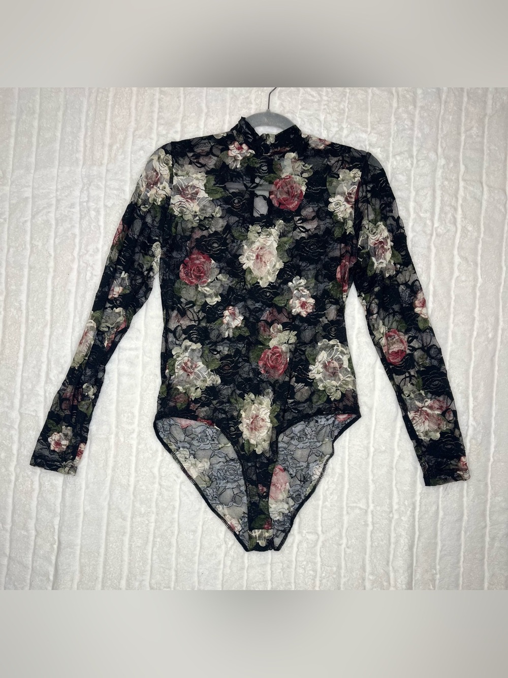 Charlotte Russe Black Floral Lace Long Sleeve Bodysuit Large Goth Romantic